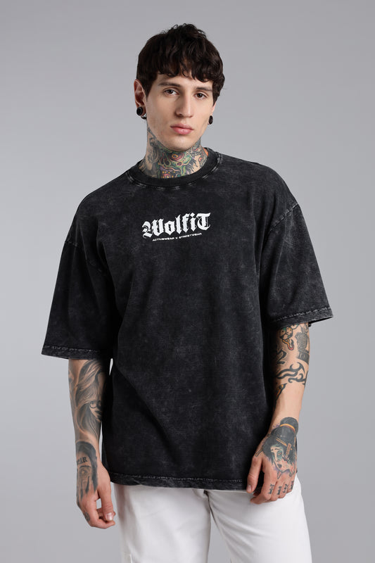 111 Acid Wash Lifting Club Oversize Tshirt - Black